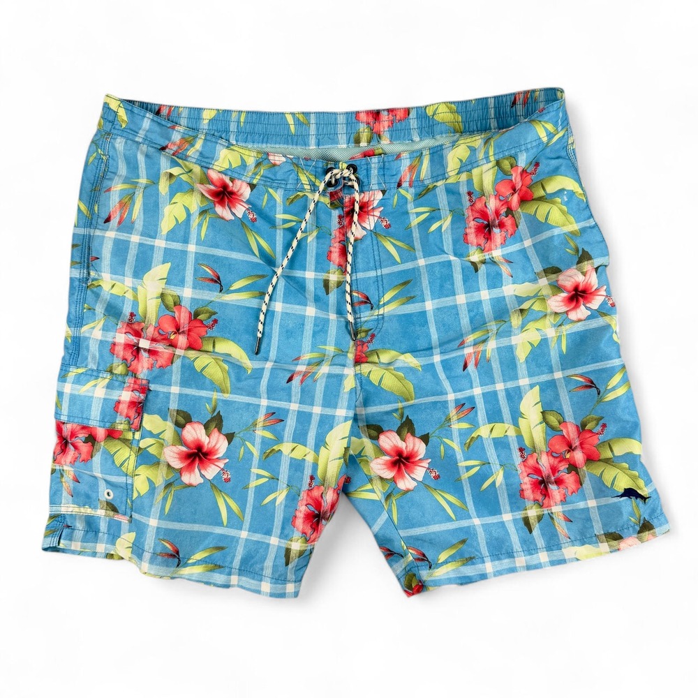 Tommy Bahama Relax Swim Trunks Mens XXL Blue Floral Plaid Board Shorts‎ Tropical